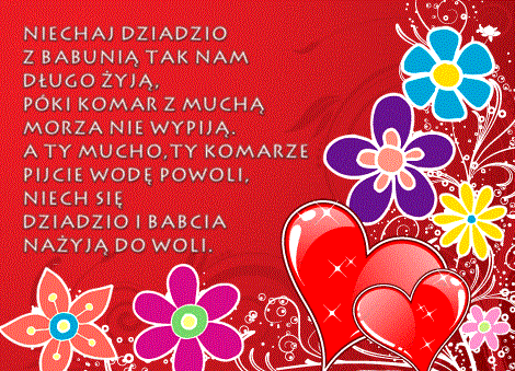 Czerwona kartka z kwiatami i sercami z życzeniami dla Babci i Dziadka